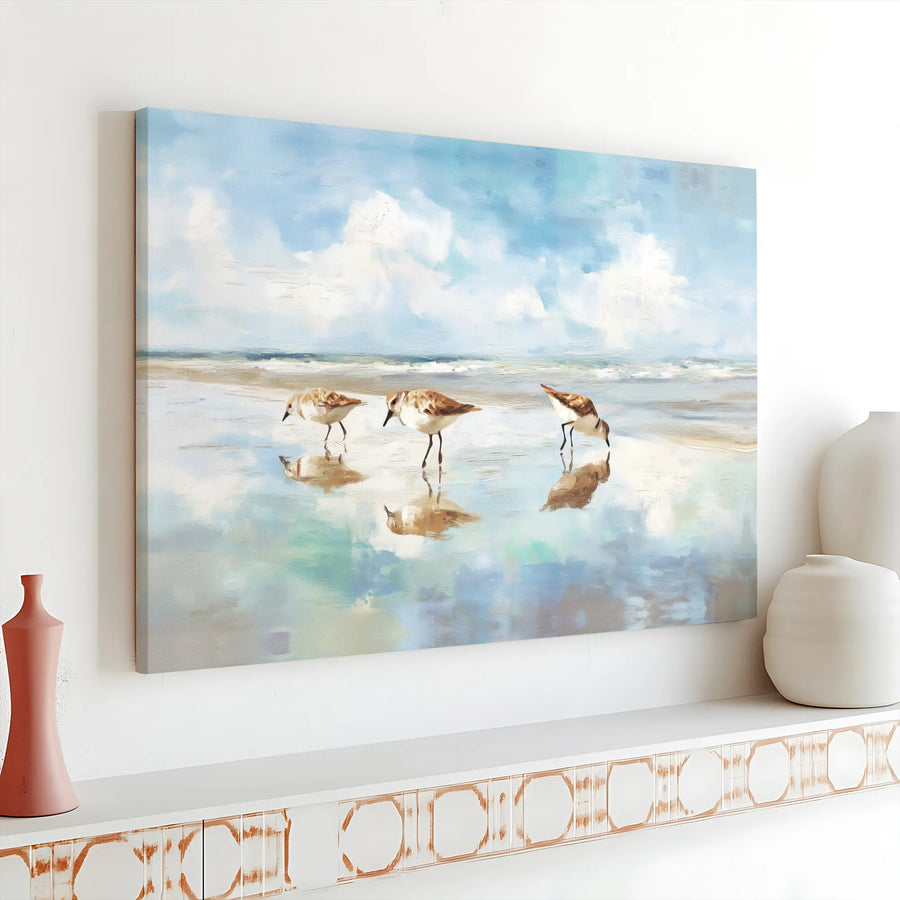 Sandpiper Beach Canvas Wall Art | Serene Coastal Seascape Painting | Premium Gallery Wrapped Print | Nautical Living Room Decor Gift
