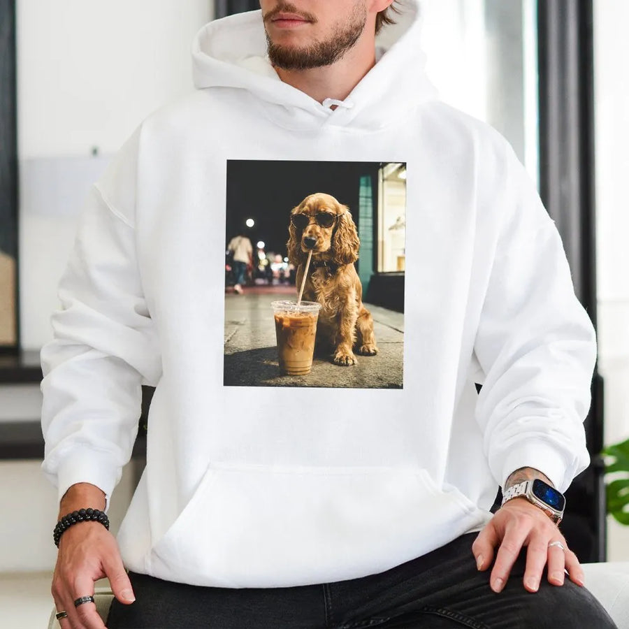 Funny Dog Drinking Coffee Hoodie | Aesthetic Cocker Spaniel Photo Graphic | Soft Cotton Blend Sweatshirt | Gift for Dog Lover & Coffee Addict
