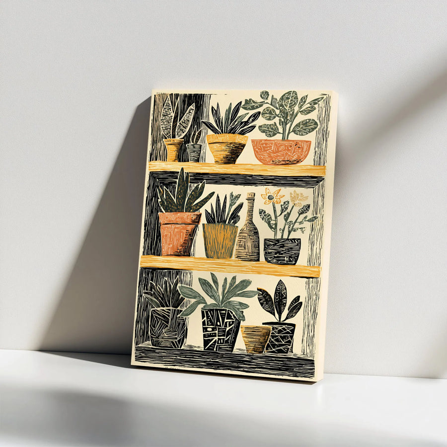 Potted Plants Vertical Canvas | Linocut Style Botanical Art Print | Premium Thick Gallery Wrap | Boho Home Decor Gift for Plant Lover