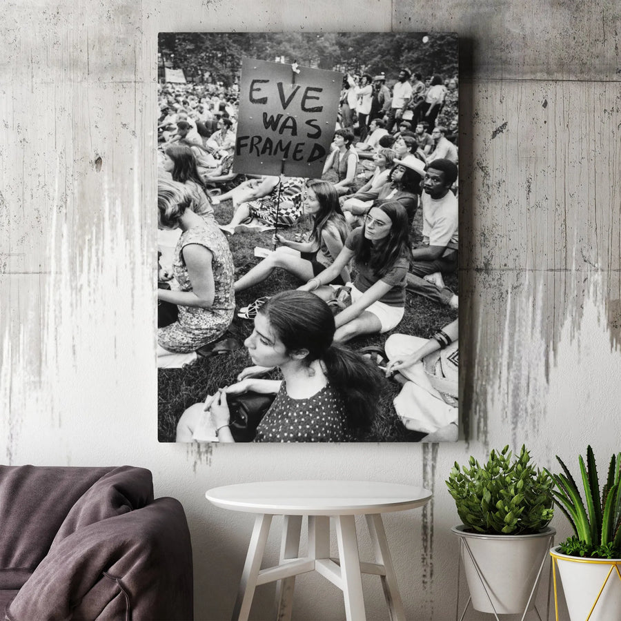 Eve Was Framed Canvas Print | Vintage Black and White Protest Photo | Premium Gallery Wrapped Canvas | Feminist Home Decor Gift