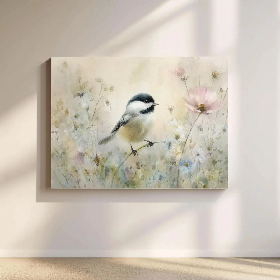 Chickadee Canvas Wall Art | Watercolor Bird & Wildflower Painting | Premium Gallery Canvas | Cottagecore Nature Decor Gift