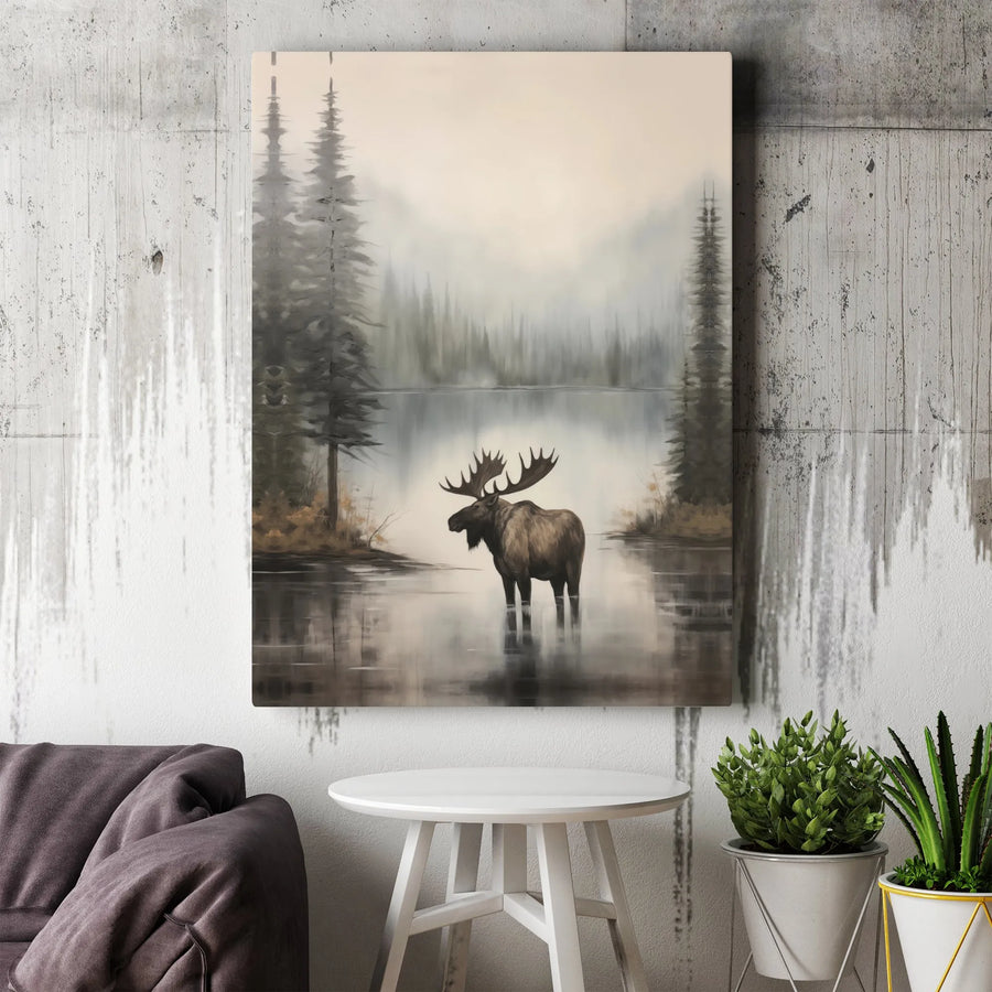 Moose Canvas Wall Art | Rustic Wildlife Painting in Misty Forest | Premium Gallery Wrapped Canvas | Cabin Decor Gift for Nature Lovers