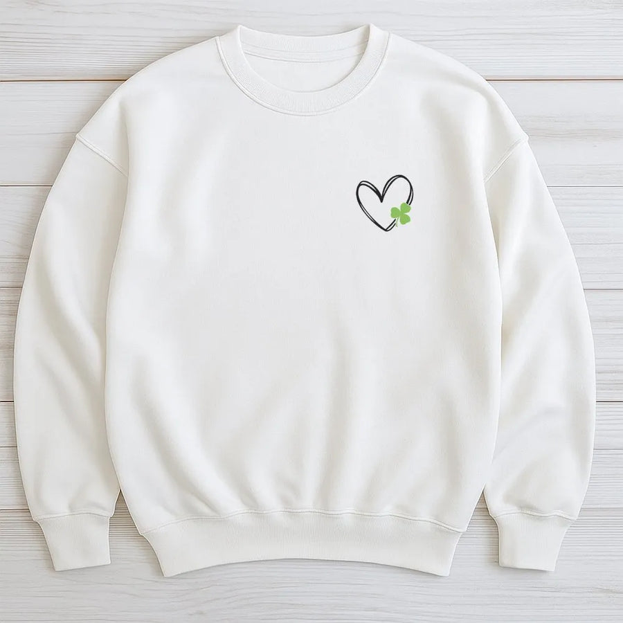 St Patrick's Day Sweatshirt | Minimalist Shamrock Heart Pocket Print | Soft Unisex Premium Fleece | Lucky Irish Gift for Her
