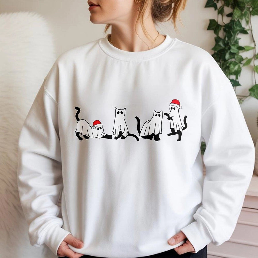 Christmas Cat Ghost Sweatshirt | Funny Spooky Kitten Santa Hat Graphic | Soft Cotton-Poly Blend | Cute Creepmas Holiday Gift For Cat Lovers