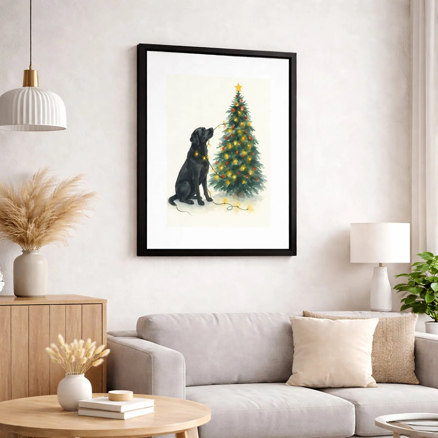 Black Labrador Christmas Wall Art | Watercolor Dog Decor with Holiday Lights | Gallery-Quality Premium Canvas | Perfect Gift for Dog Lovers