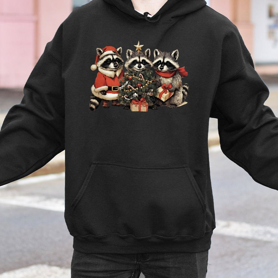 Christmas Raccoon Hoodie | Cute Forest Animal Holiday Graphic | Premium Cotton Blend Unisex Sweatshirt | Festive Winter Wildlife Gift