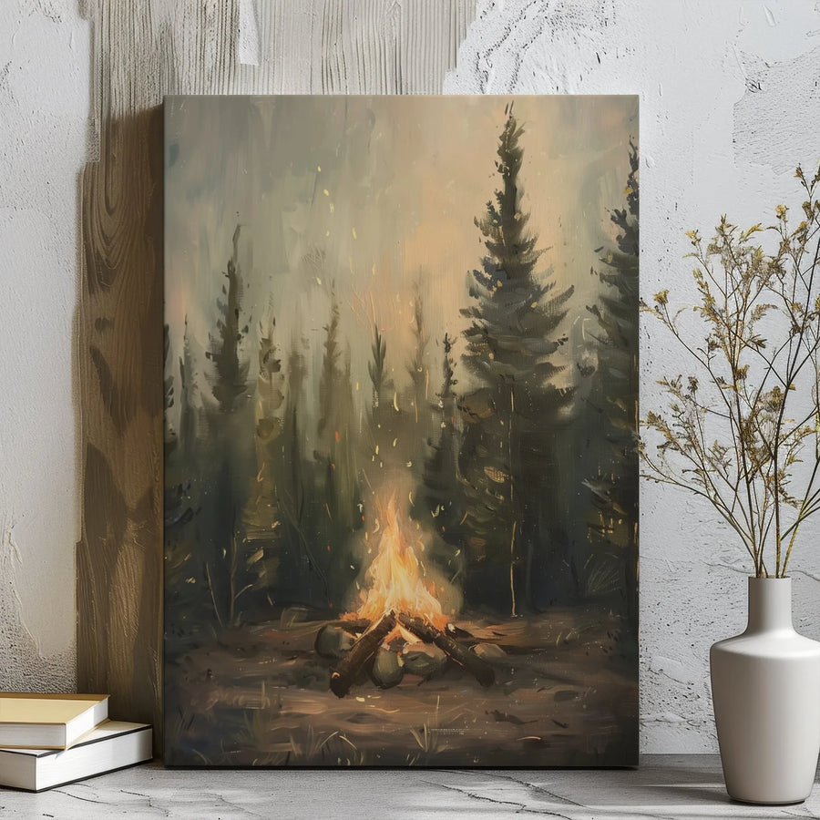 Campfire Pine Forest Canvas Wall Art | Moody Painterly Landscape | Premium Gallery Wrapped Print | Cozy Cabin Home Decor Gift
