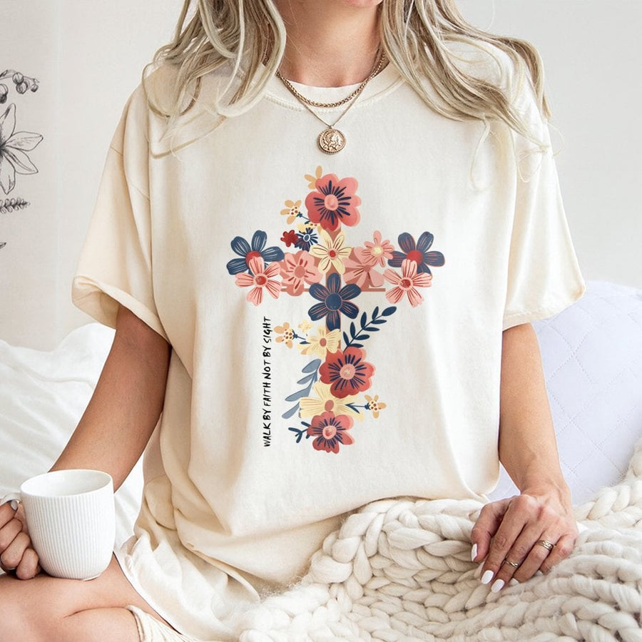 Floral Cross T-Shirt | Walk By Faith Not By Sight Quote | 100% Premium Cotton Religious Tee | Christian Gift for Women and Faith-Based Apparel