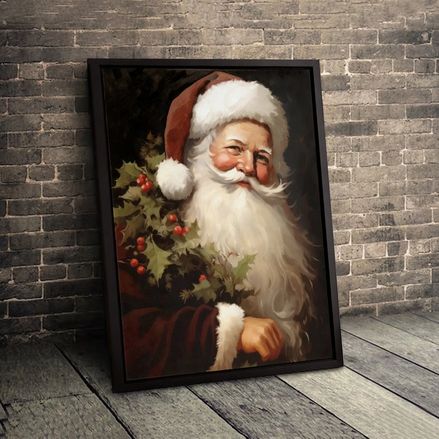 Vintage Santa Claus Wall Art | Classic Oil Portrait Holding Holly | Premium Gallery-Wrapped Canvas | Festive Christmas Home Decor Gift