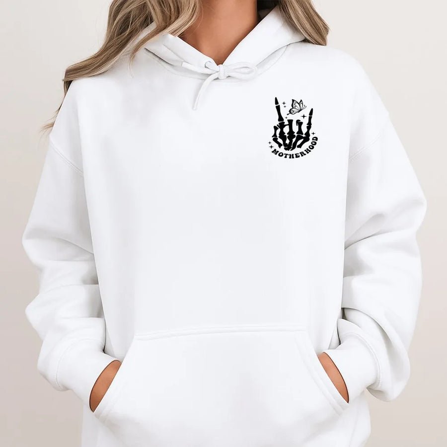 Motherhood Skeleton Hand Hoodie | Rock On Graphic with Butterfly | Soft Cotton Tee | Unique Mother's Day Gift for Cool Mom