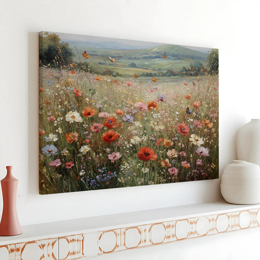 Wildflower Meadow Canvas Wall Art | Textured Floral Landscape Print | Premium Gallery Quality Canvas | Farmhouse Living Room Decor Gift