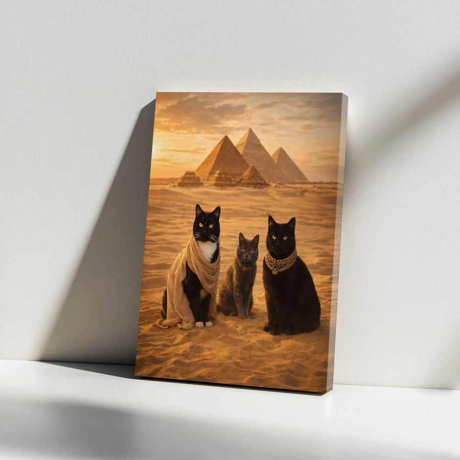 Egyptian Cats Canvas Wall Art | Royal Pharaoh Cats with Pyramids | Thick Gallery Wrap Print | Collector's Gift for Cat Lover