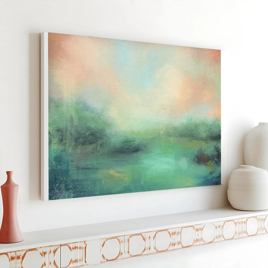 Abstract Landscape Canvas Wall Art | Misty Morning Painting Print | Premium Gallery Wrapped Canvas | Modern Living Room Decor Gift