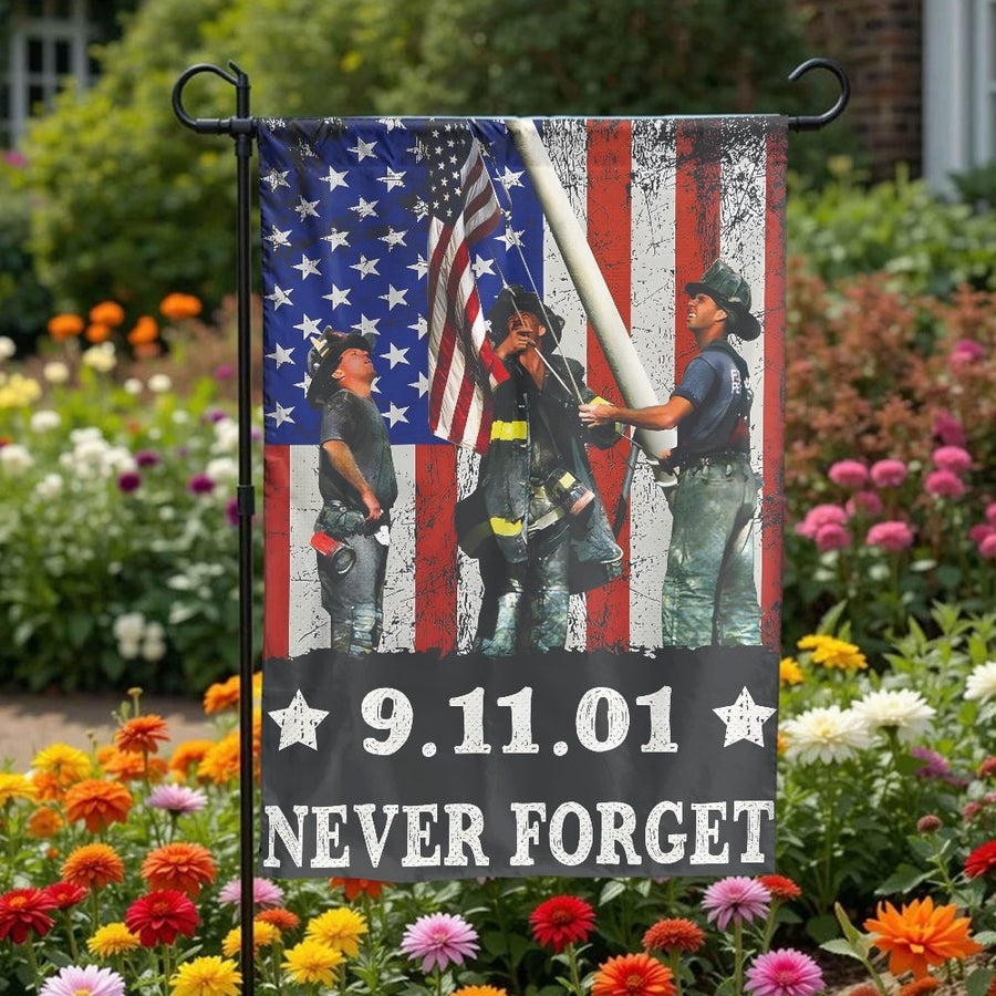 9/11 Never Forget Garden Flag | Patriotic Firefighter Memorial Design | Weather-Resistant Polyester | Commemorative Yard Decor Gift