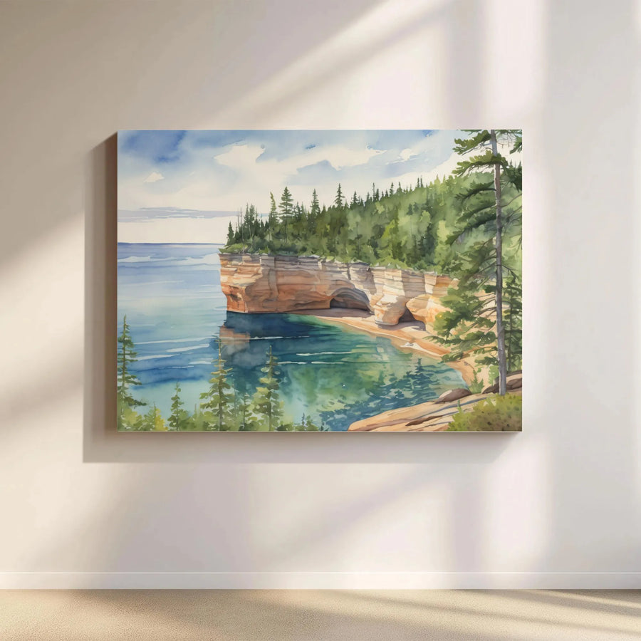 Pictured Rocks National Lakeshore Wall Art | Watercolor Michigan Landscape Print | Premium Gallery Wrapped Canvas | Nature Lover Home Decor Gift