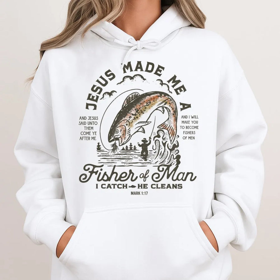 Fisher of Men Hoodie | Christian Trout Fishing Bible Verse Graphic | Premium Cotton-Blend | Faith Based Gift for Angler