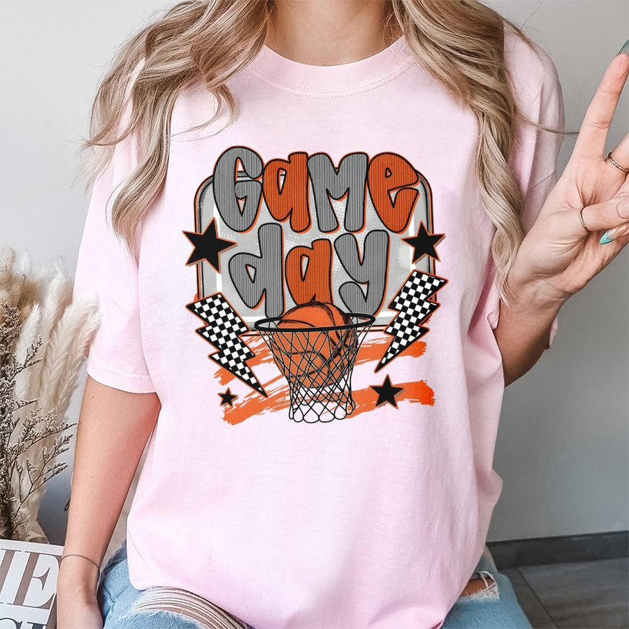 Game Day Basketball T-Shirt | Retro Checkerboard Hoop Graphic | Premium 100% Cotton Tee | Sporty Gift for Basketball Mom & Fan