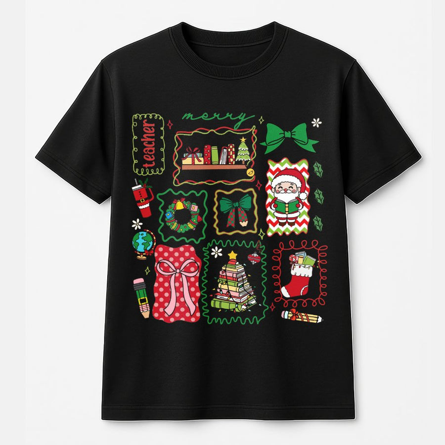 Merry Teacher Christmas T-Shirt | Retro Festive School Supplies Print | 100% Cotton Premium Tee | Cute Holiday Gift For Teachers