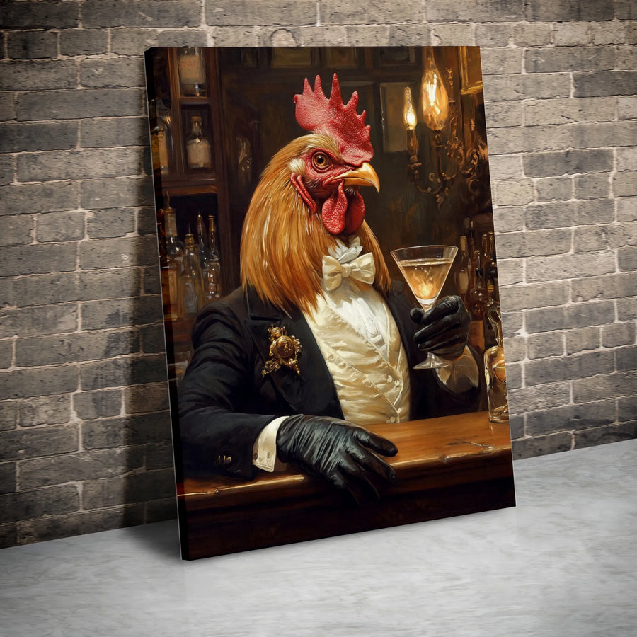 Rooster Wall Art | Sophisticated Tuxedo Chicken Drinking Martini | Premium Gallery Canvas | Quirky Bar Decor Gift for Him