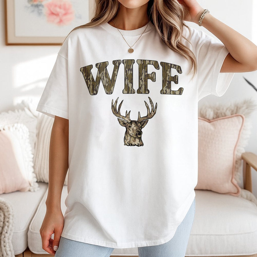 Hunting Wife T-Shirt | Camo Deer Antler Graphic Design | 100% Cotton Premium Tee | Wildlife Enthusiast Gift for Her