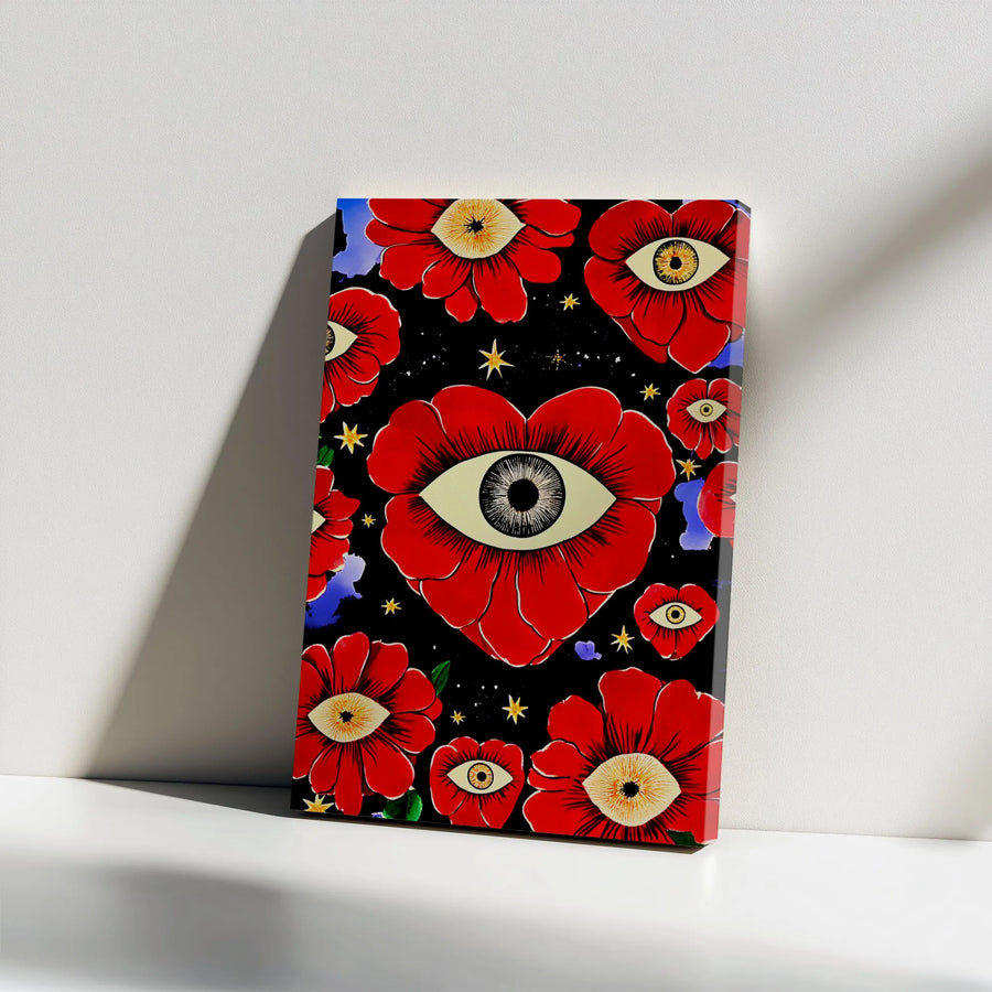 Surreal Eye Flower Vertical Canvas | Psychedelic Red Poppy Art Print | Premium Thick Gallery Wall Art | Gothic Home Decor Gift