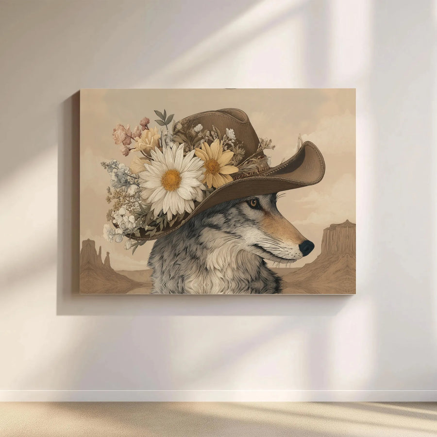 Western Wolf Canvas Wall Art | Cowboy Hat Floral Design | 1.25 Inch Gallery Wrap Premium Print | Rustic Farmhouse Home Decor Gift