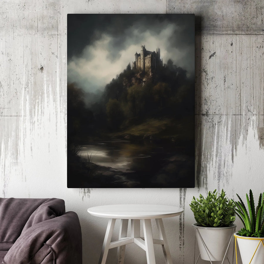 Moody Gothic Castle Canvas Wall Art | Dark Forest River Landscape | Premium Gallery Wrapped Print | Atmospheric Home Office Decor Gift