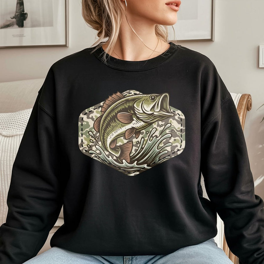 Bass Fishing Sweatshirt | Camo Patch Graphic Design | Premium Cotton Blend | Gift for Angler Dad Husband Fisherman Outdoorsman