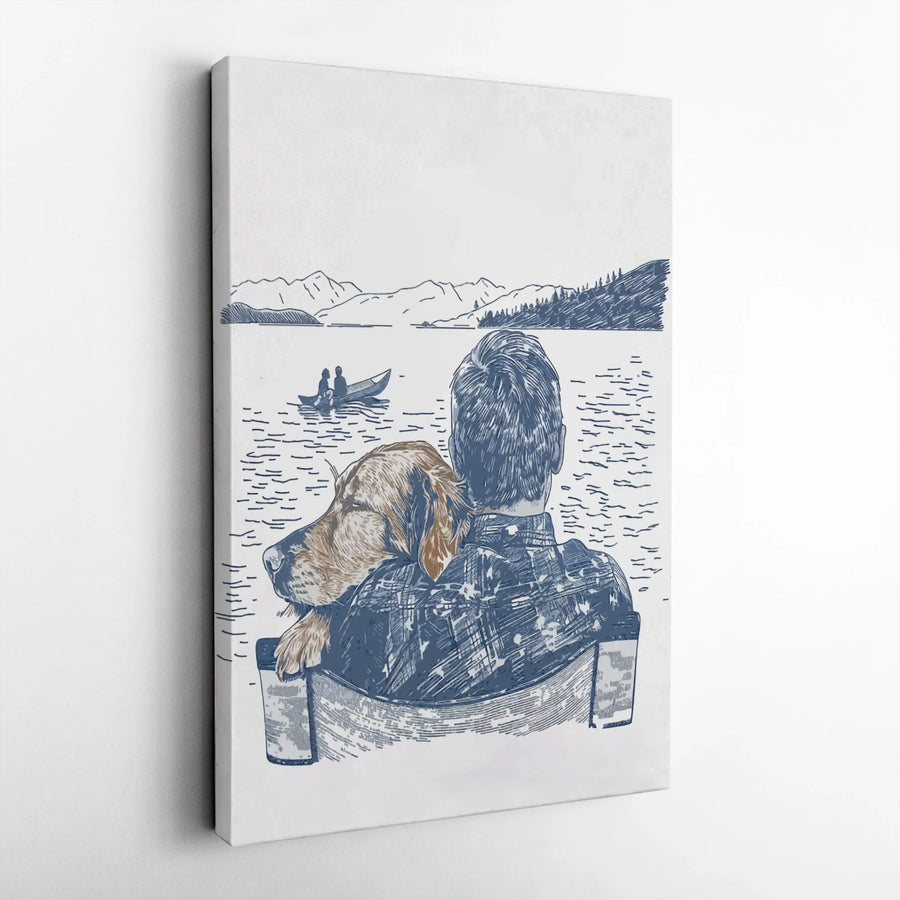 Man and Dog Lake View Canvas | Hand-Drawn Sketch Art | Premium 1.25-Inch Gallery Wrap | Heartfelt Pet Owner Gift for Home Decor