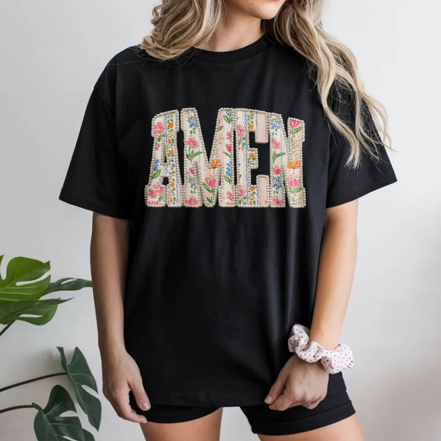 Amen Floral T-Shirt | Vintage Christian Apparel with Faux Pearl Detail | Soft Cotton Blend Pullover | Inspirational Faith Gift for Women