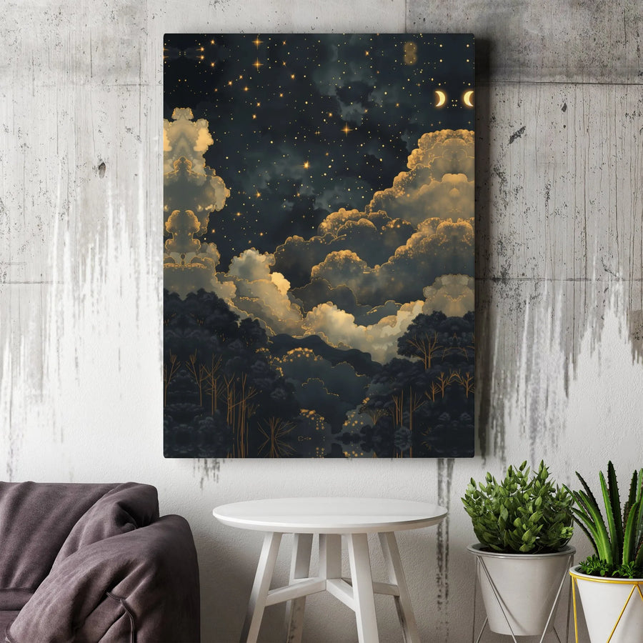 Celestial Night Sky Canvas Wall Art | Golden Clouds Forest Landscape | Gallery-Quality 1.25" Profile | Premium Home Decor Gift for Bedroom