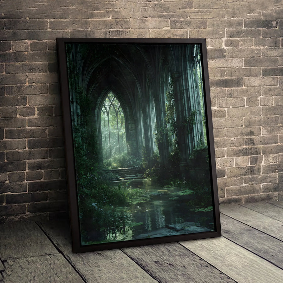Gothic Cathedral Canvas Art | Overgrown Ruins With Indoor Pond | Gallery Quality Fade-Resistant Print | Dark Academia Wall Decor