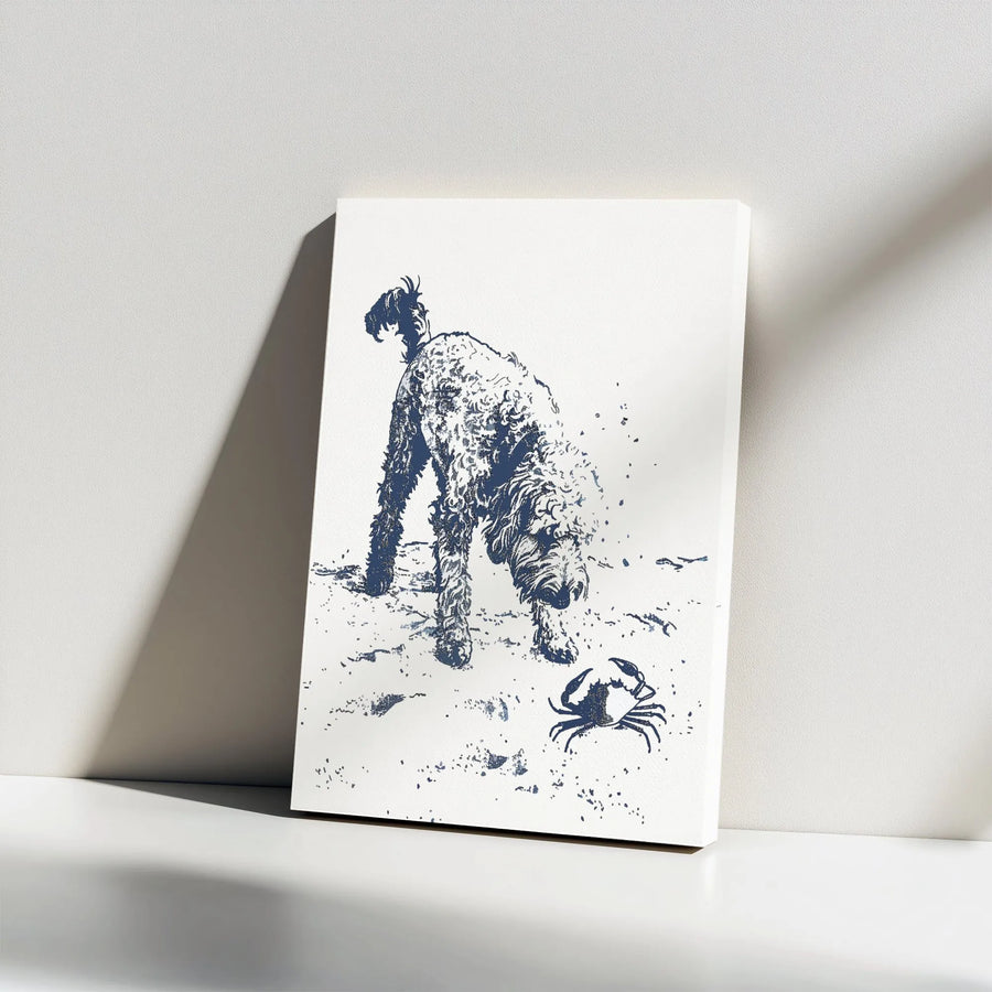 Doodle Dog Wall Art | Coastal Beach Sketch With Crab | Premium Gallery Wrapped Canvas | Gift For Dog Lovers & Ocean Decor Enthusiasts