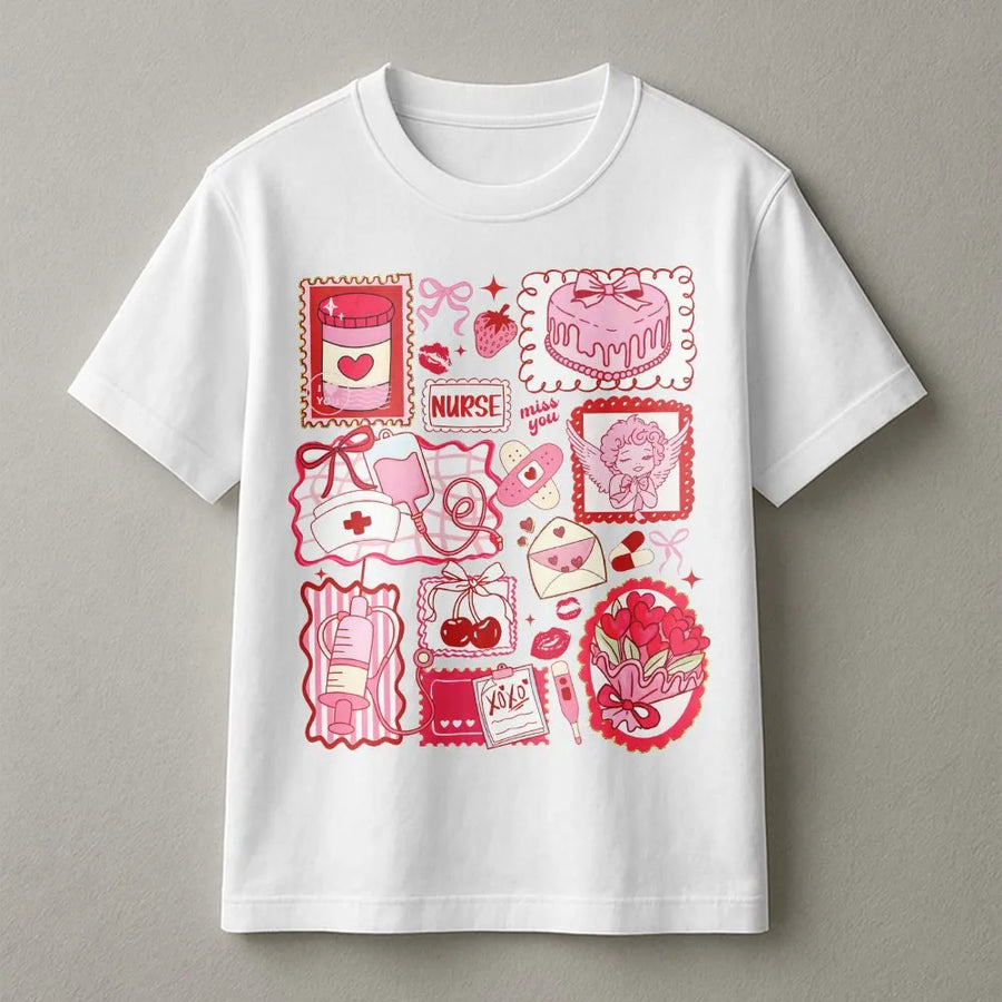 Nurse Valentine T-Shirt | Coquette Aesthetic Doodle Design | Premium Soft Cotton | Cute Gift for Nursing Students and RNs