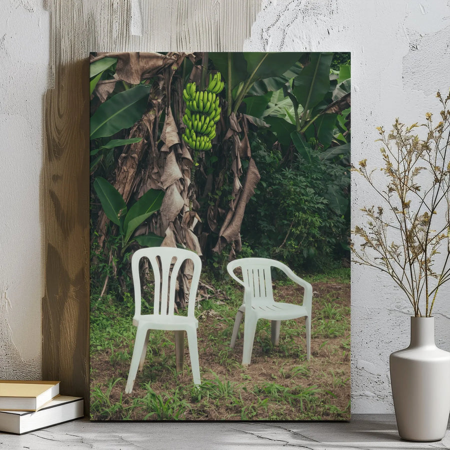 Banana Tree Canvas Wall Art | Surreal Garden Chairs Photography | Premium Gallery Wrap Print | Tropical Nature Home Decor