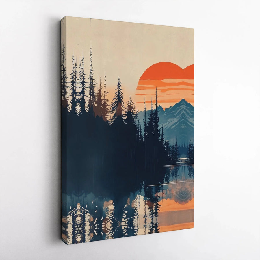 Mountain Forest Canvas Print | Retro Sunset with Lake Reflection | Premium Gallery Wrap Wall Art | Modern Cabin & Home Decor Gift