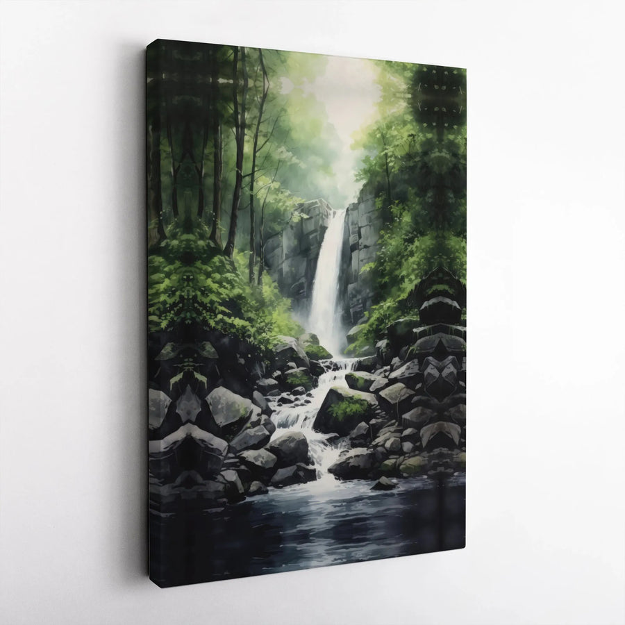 Waterfall Forest Canvas Wall Art | Serene Japanese Watercolor Painting | Premium Gallery Wrapped Canvas | Nature Lover Gift for Living Room