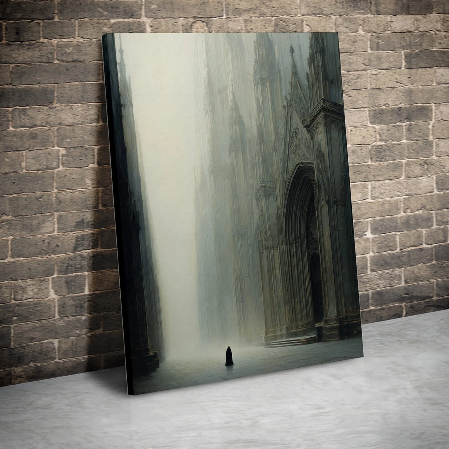 Gothic Cathedral Canvas Wall Art | Moody Cloaked Figure in Foggy Hallway | Premium Gallery Wrapped Canvas | Dark Academia Room Decor Gift