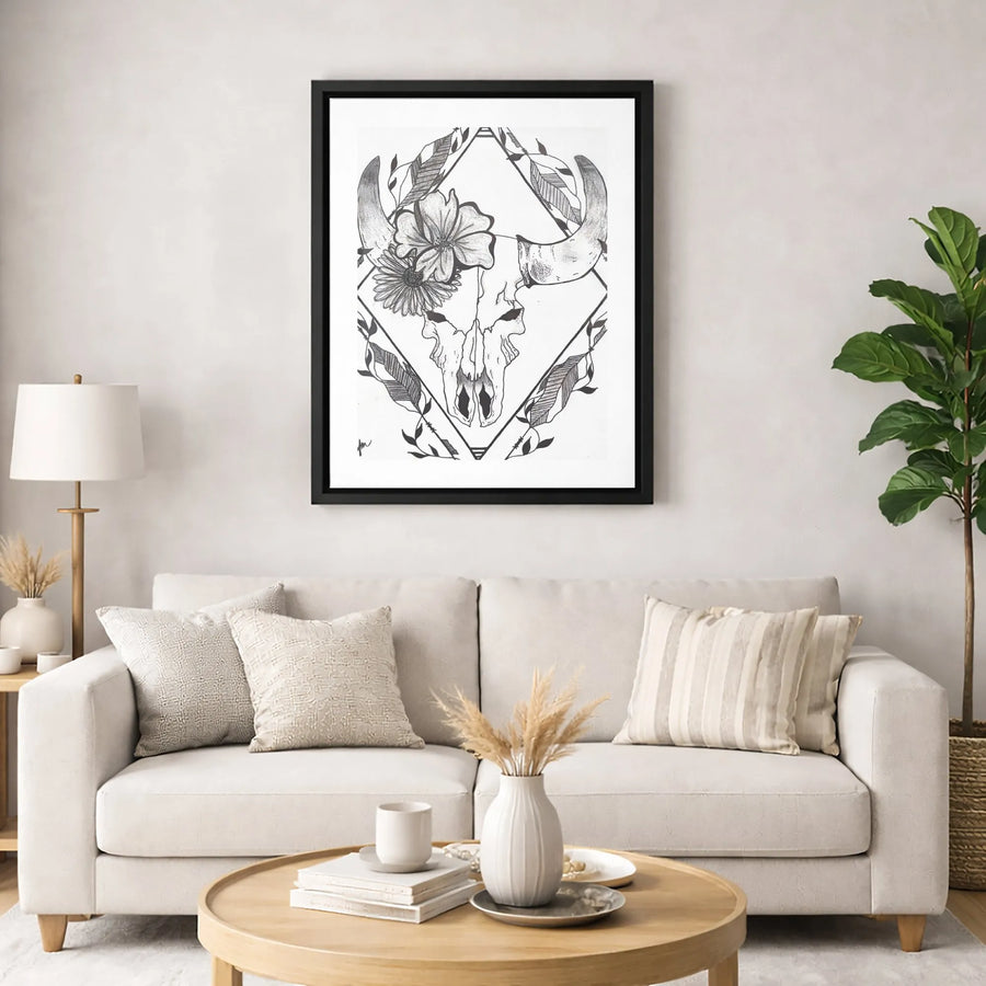 Bohemian Bull Skull Canvas Art | Floral Western Line Drawing | Premium Fade-Resistant Gallery Print | Southwestern Boho Home Decor Wall Gift