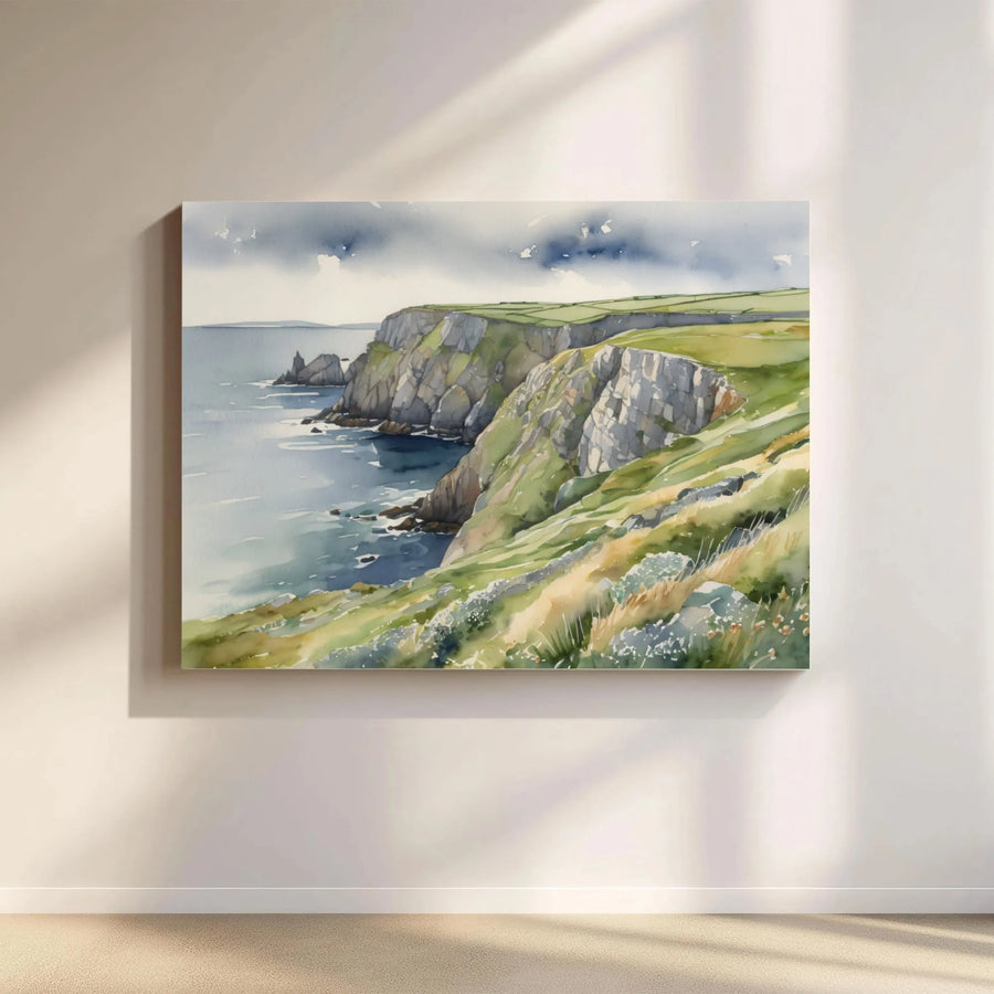 Coastal Cliff Landscape Canvas | Watercolor Ocean Seascape Art | Premium 1.25-Inch Gallery Wrap | Coastal Home Decor Wall Art Gift