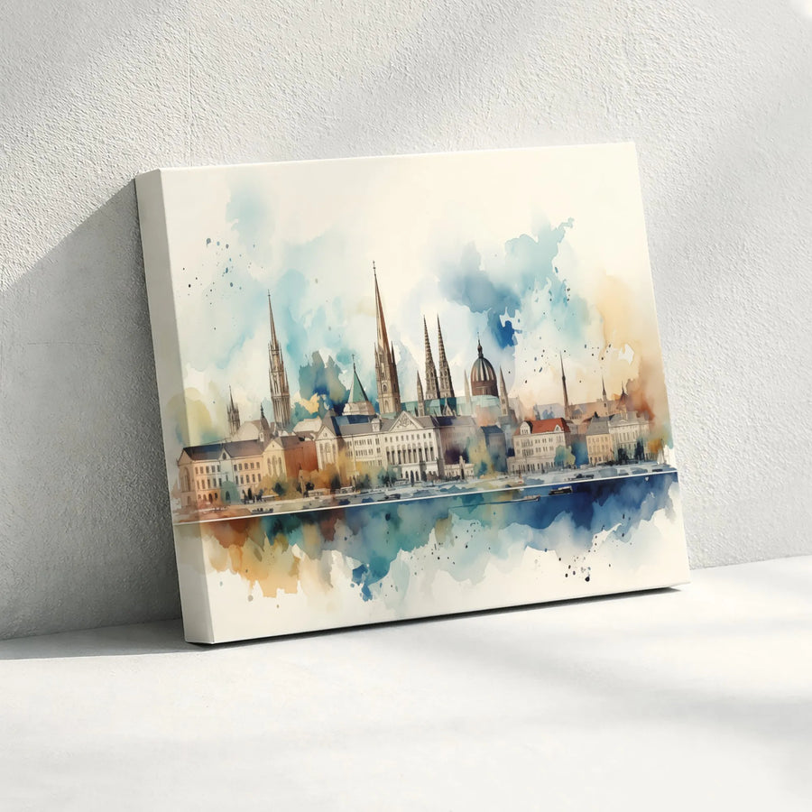 European Cityscape Canvas Print | Watercolor River Reflection Art | Premium Gallery-Wrapped Wall Decor | Travel Inspired Home Gift