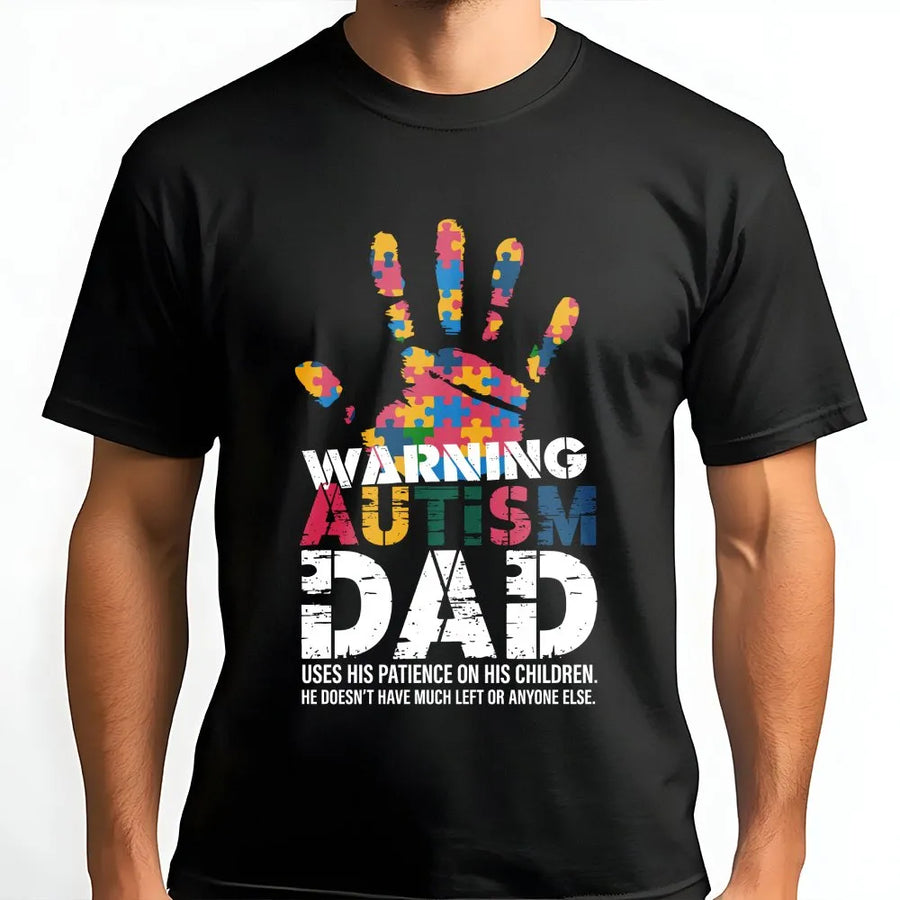 Autism Dad T-Shirt | Warning Puzzle Handprint Graphic | Premium Cotton Tee | Special Needs Parent Awareness Gift