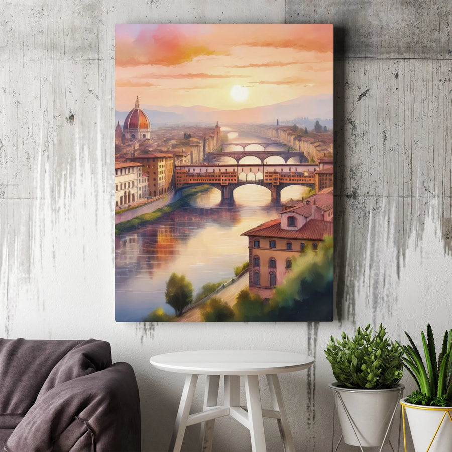 Florence Italy Vertical Canvas | Watercolor Ponte Vecchio Sunset Print | Premium Gallery Style Wall Art | Gift for Traveler & Italian Home Decor
