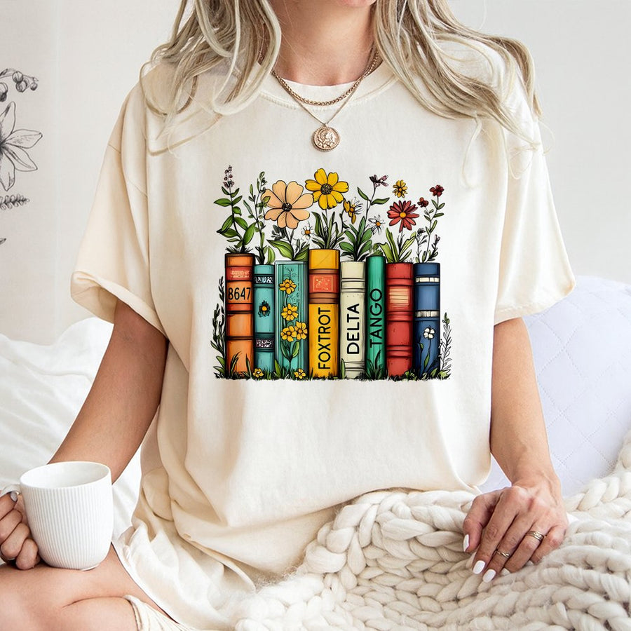 Floral Book Stack T-Shirt | Whimsical Library Reading Graphic | 100% Cotton Premium Tee | Activist Gift for Book Lovers