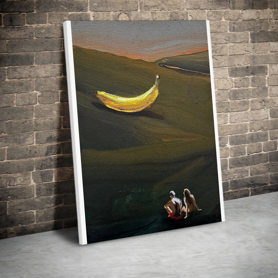 Surreal Banana Art Vertical Canvas | Giant Floating Banana Painting, Vintage Oil Painting Style | Premium Thick Canvas | Funny Quirky Home Decor Gift