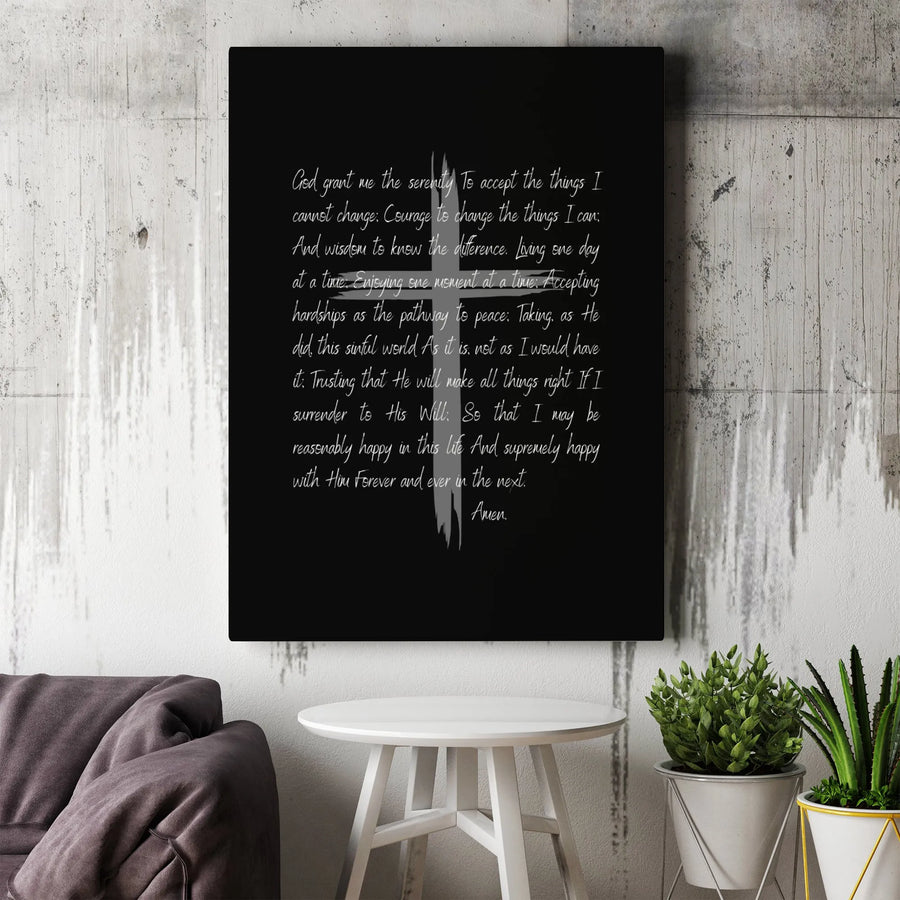 Serenity Prayer Wall Art | Modern Minimalist Cross Canvas Print | 1.25-Inch Premium Gallery Wrap | Religious Home Decor Gift for Faith Inspiration