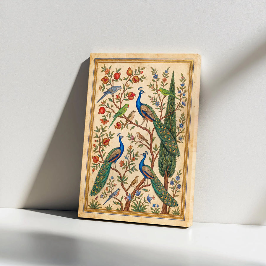 Vintage Peacock Persian Art Vertical Canvas | Mughal Pomegranate & Bird Garden Design | Premium 1.25 Inch Stretched Canvas | Elegant Living Room Wall Art Gift