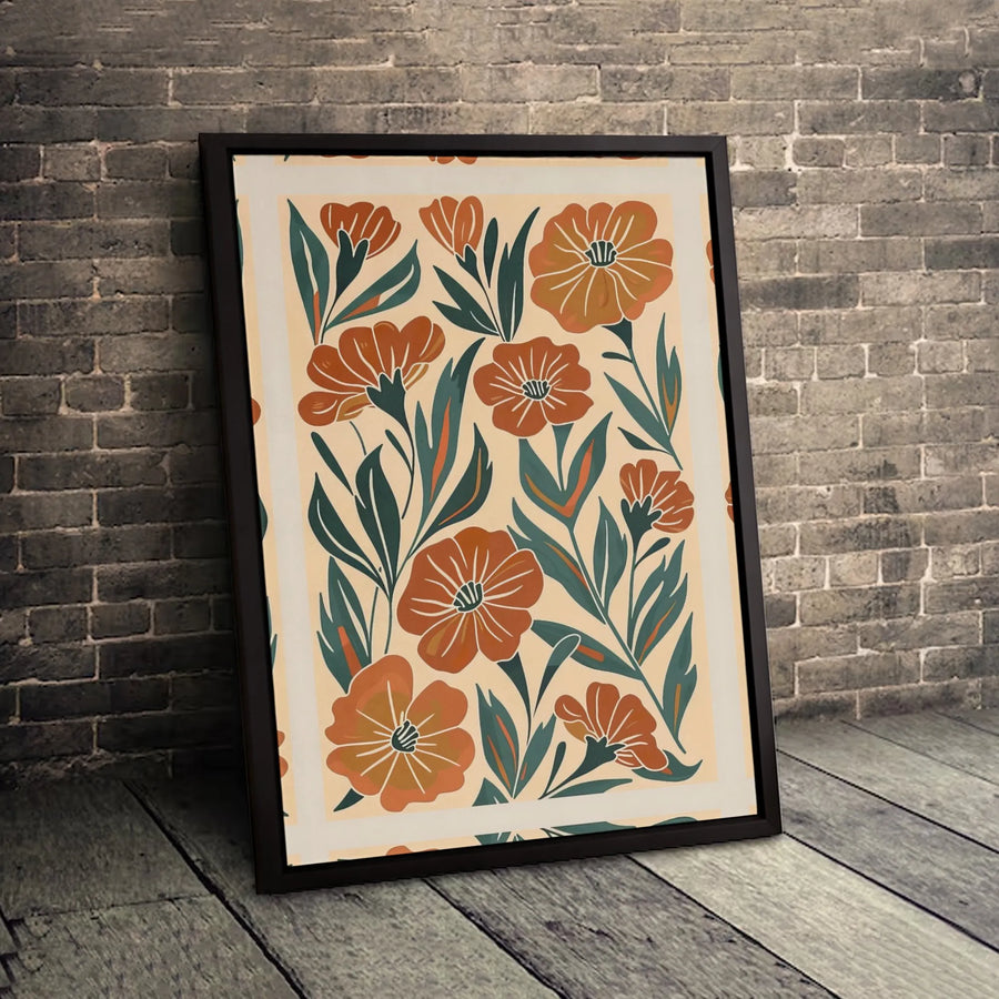 Retro Floral Canvas Wall Art | Burnt Orange and Sage Green Botanical Print | Premium 1.25 Inch Gallery Wrap | Modern Boho Home Decor Gift