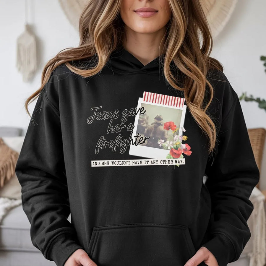 Jesus Gave Her A Firefighter Hoodie | Floral Polaroid Graphic Design | Premium Cotton Blend | Gift for Firefighter Wife and First Responder Spouse