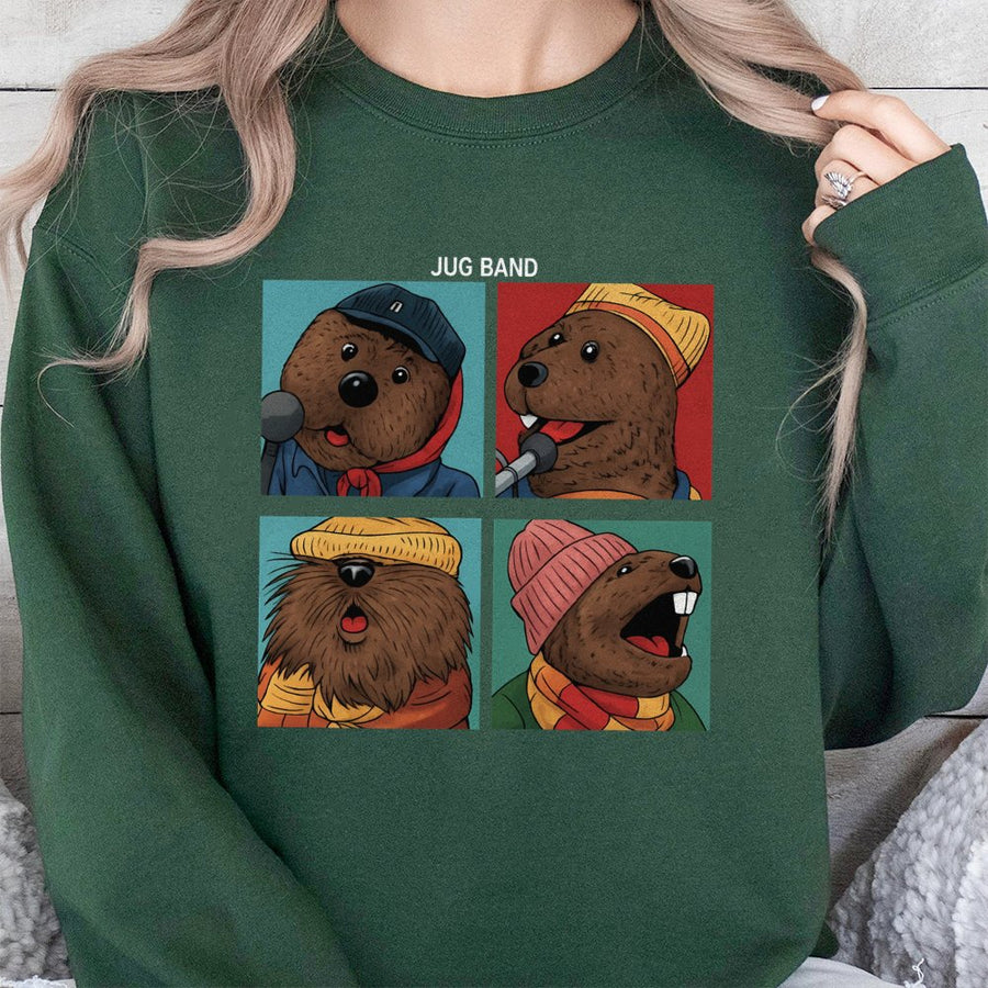 Jug Band Otter Sweatshirt | Funny Animal Music Quartet Cartoon Design | Soft Cotton-Blend Premium Apparel | Gift For Music Lovers And Musicians